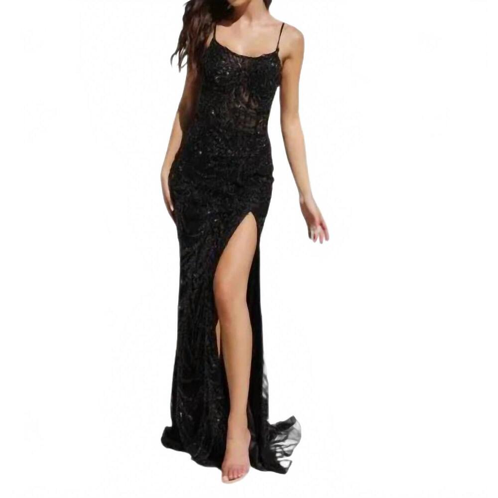 NEW PRIMAVERA scoop neckline beaded sheath slit dress in black